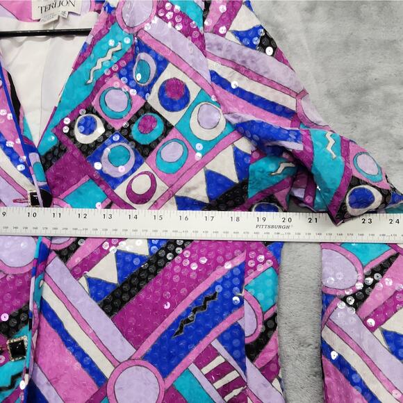 Vintage 80s Rickie Freeman Teri Jon Skirt Suit Size 12 Silk Sequin Jacket Pencil - Picture 8 of 15